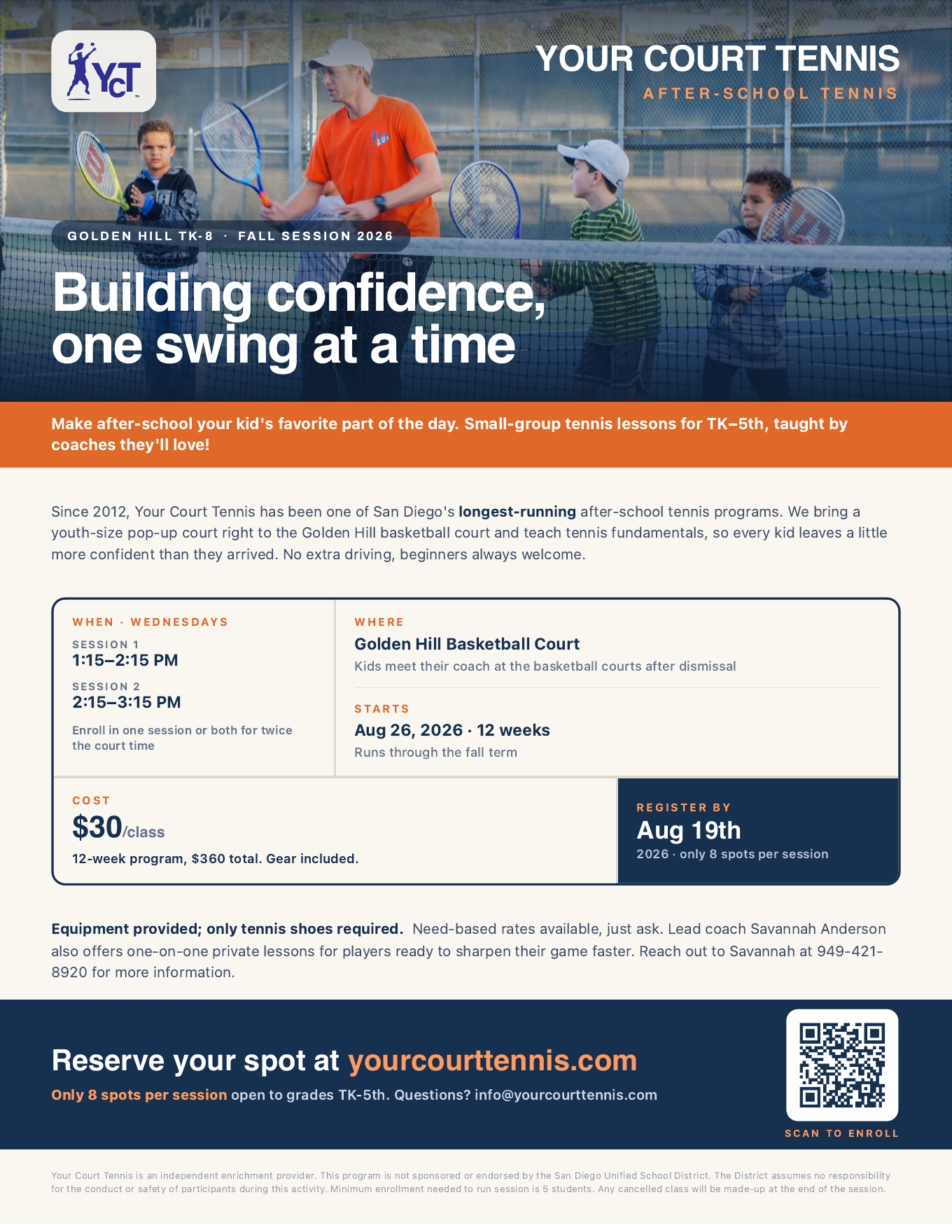 Your Court Tennis fall 2026 flyer for Golden Hill: Wednesdays, sessions 1:15–2:15 PM and 2:15–3:15 PM, starts Aug 26, $30 per class, register by Aug 19.
