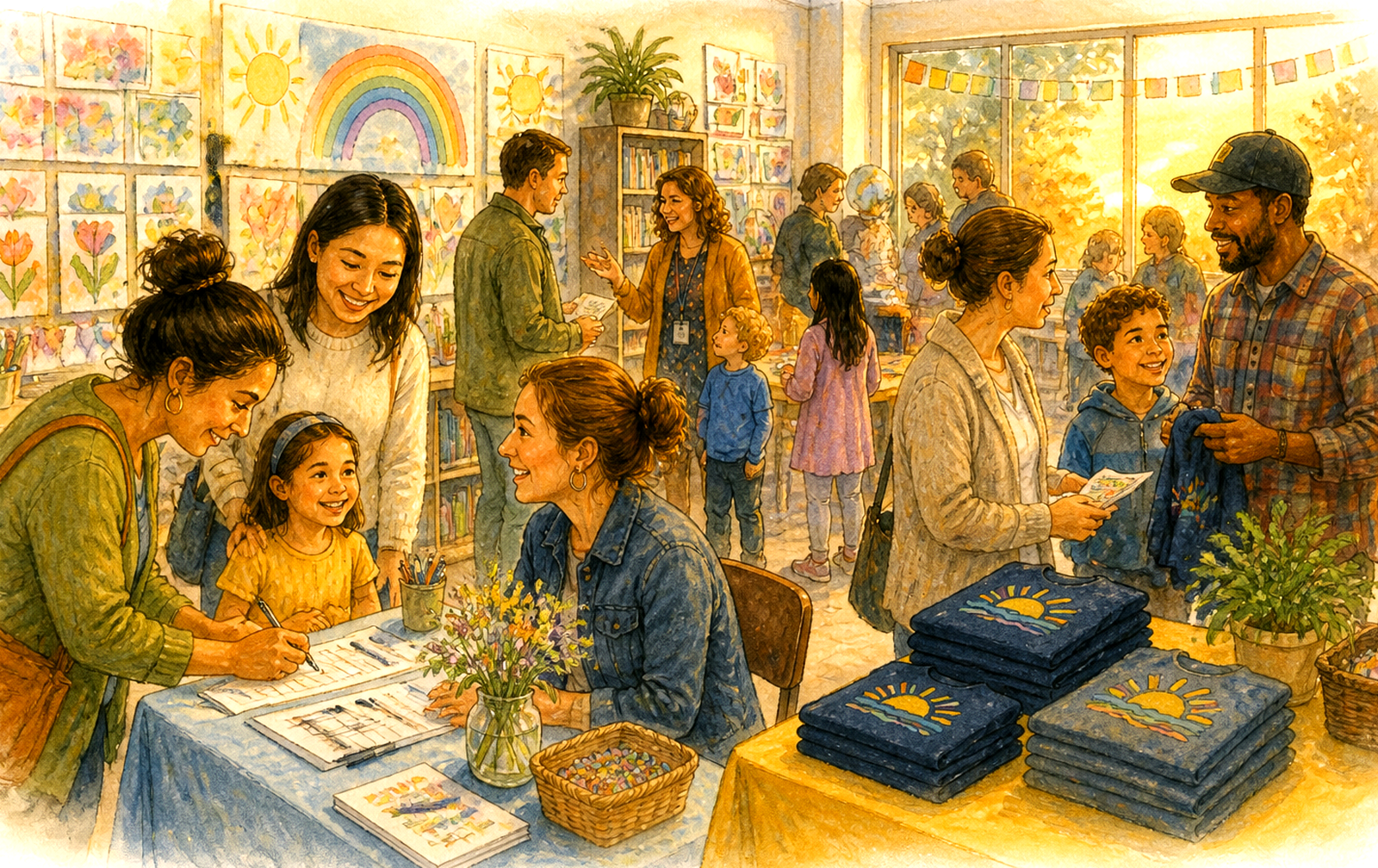 Families, students, and teachers visiting a sunlit classroom during an evening open house, signing in at a welcome table and browsing school uniform shirts
