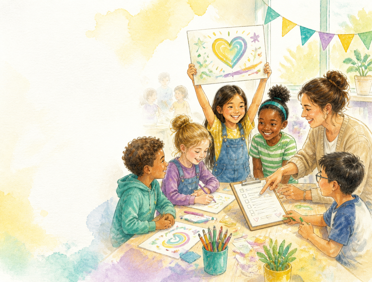 Illustration of Golden Hill students and a parent volunteer happily starting a new club together around a table