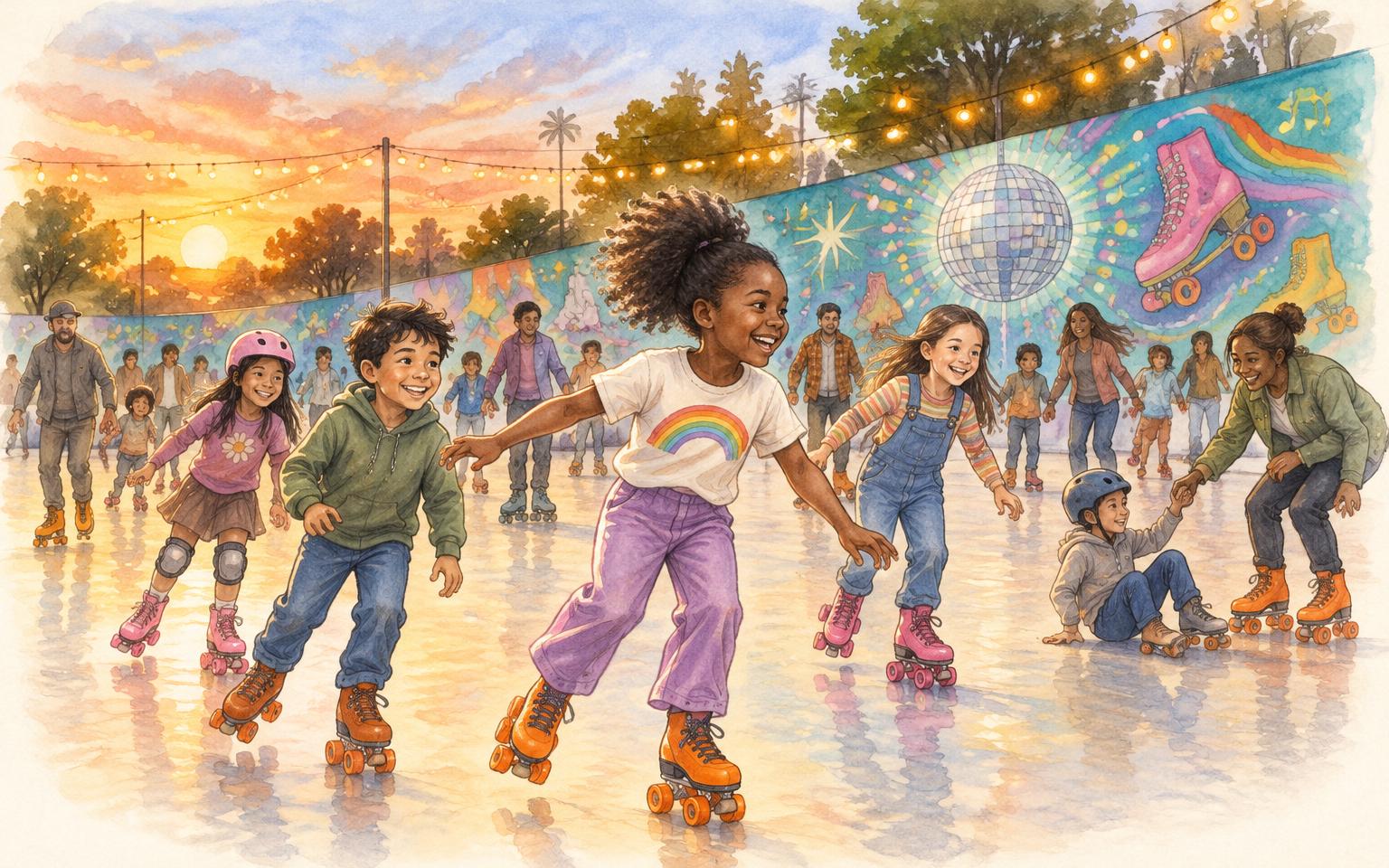 Families and children roller skating at an outdoor rink at sunset, with a colorful teal mural of a disco ball and painted roller skates and strings of warm lights overhead