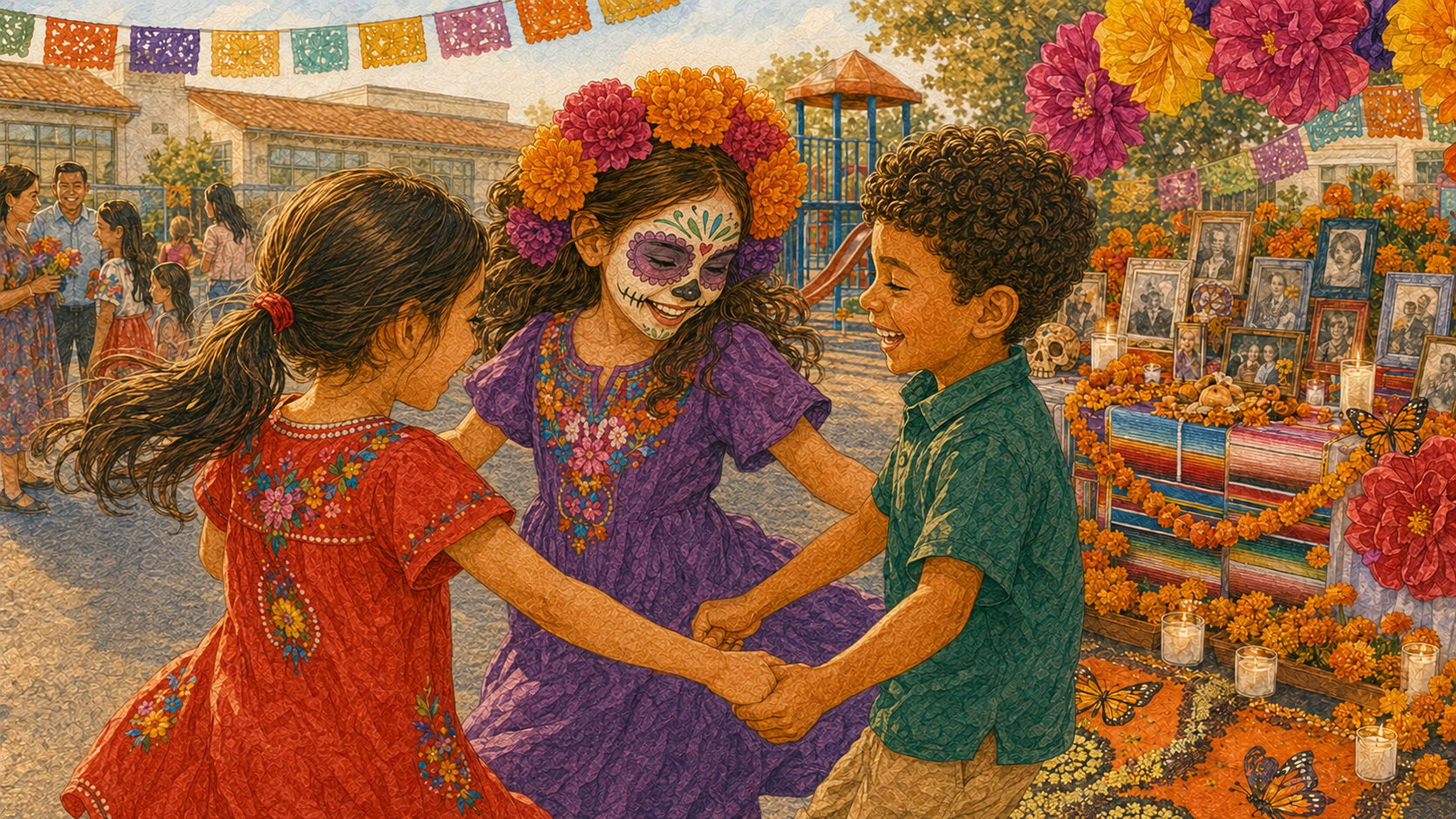Three children holding hands and dancing beside a marigold-covered community ofrenda decorated with photos, candles, and papel picado