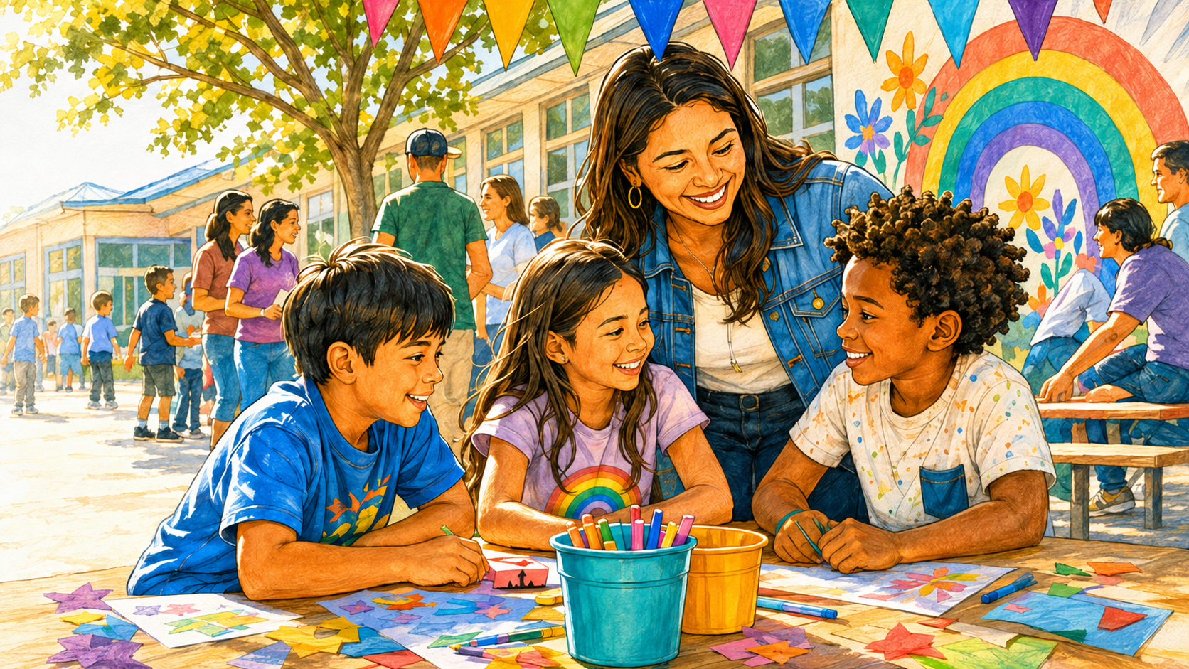 Teacher and students creating art together at Golden Hill Elementary
