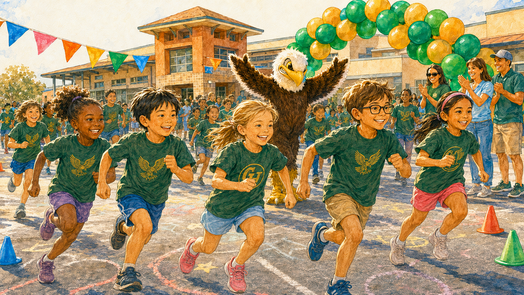 Golden Hill Elementary students in green spirit shirts running past the school with the eagle mascot, balloon arch, and cheering families