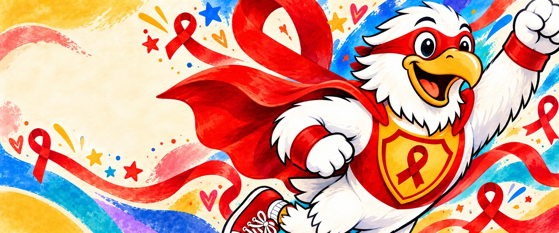 The Golden Hill eagle mascot flying as a superhero in a red cape, mask, and sneakers, surrounded by red awareness ribbons and colorful brushstrokes