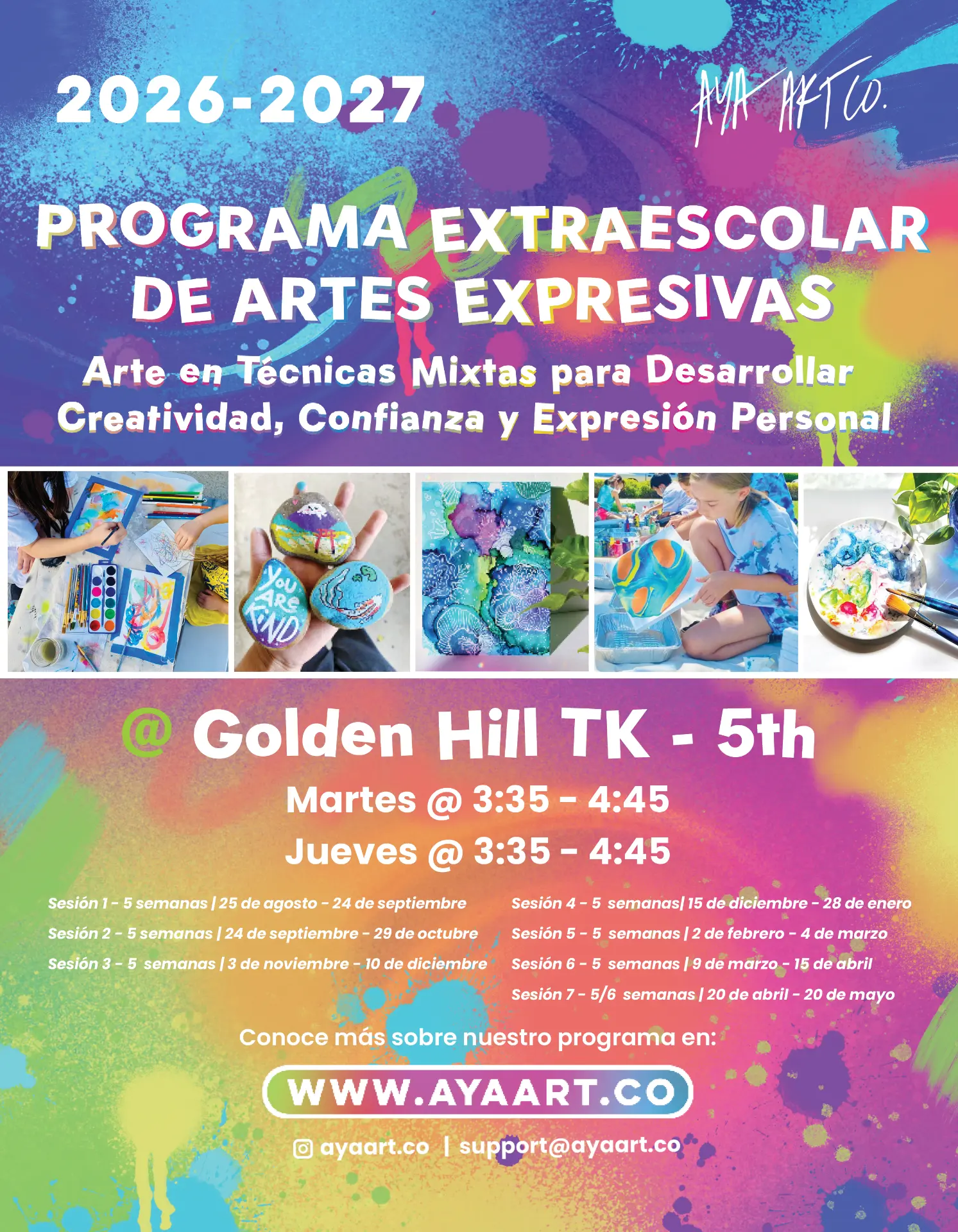Volante en espanol de Aya Art Co. 2026-2027: Programa Extraescolar de Artes Expresivas en Golden Hill TK-5, martes y jueves 3:35-4:45, siete sesiones de cinco semanas.