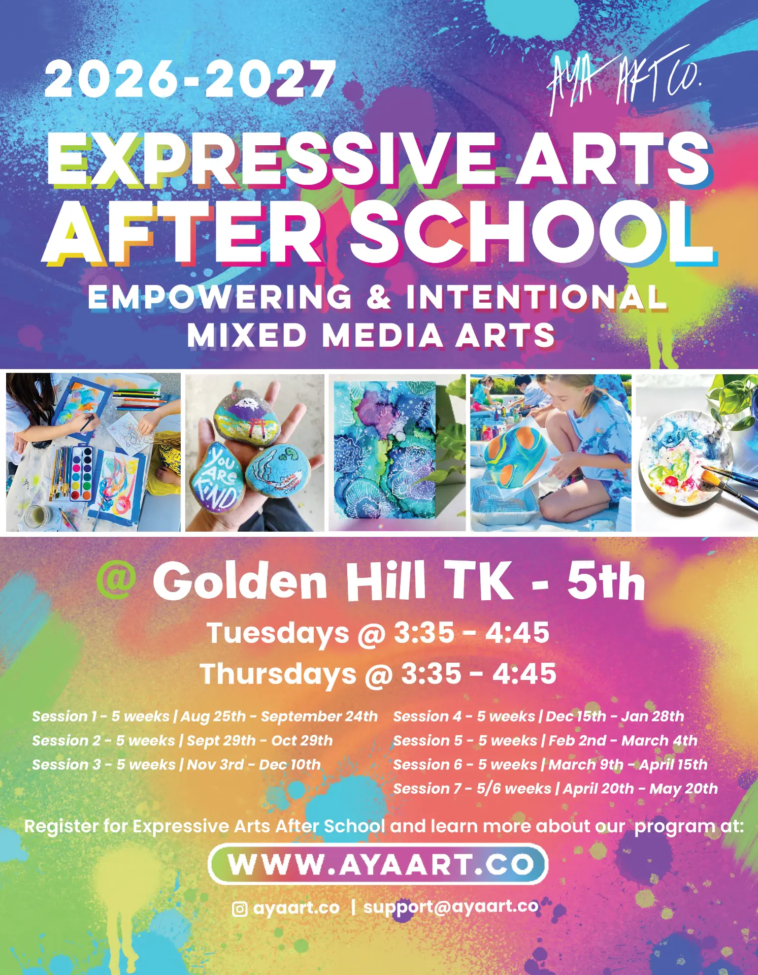 Aya Art Co. 2026-2027 Expressive Arts After School flyer for Golden Hill TK-5: Tuesdays and Thursdays 3:35-4:45, seven five-week sessions, register at ayaart.co.