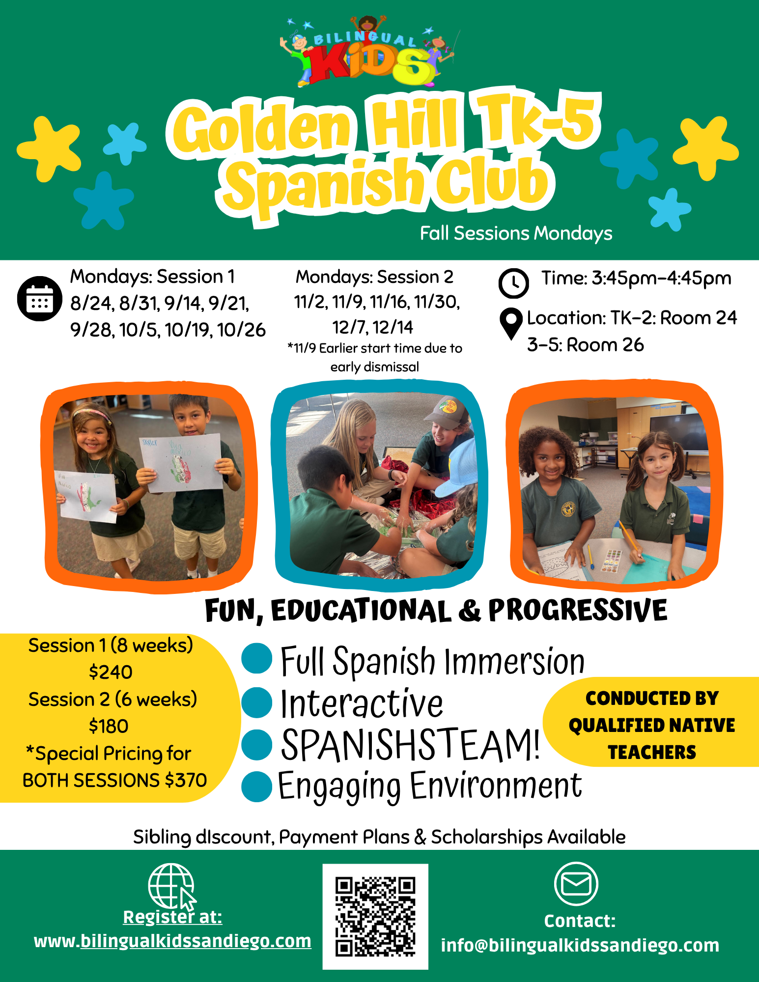 Bilingual Kids Monday Spanish Club flyer for Golden Hill TK–5: Mondays 3:45–4:45 PM, Session 1 $240, Session 2 $180, both sessions $370.