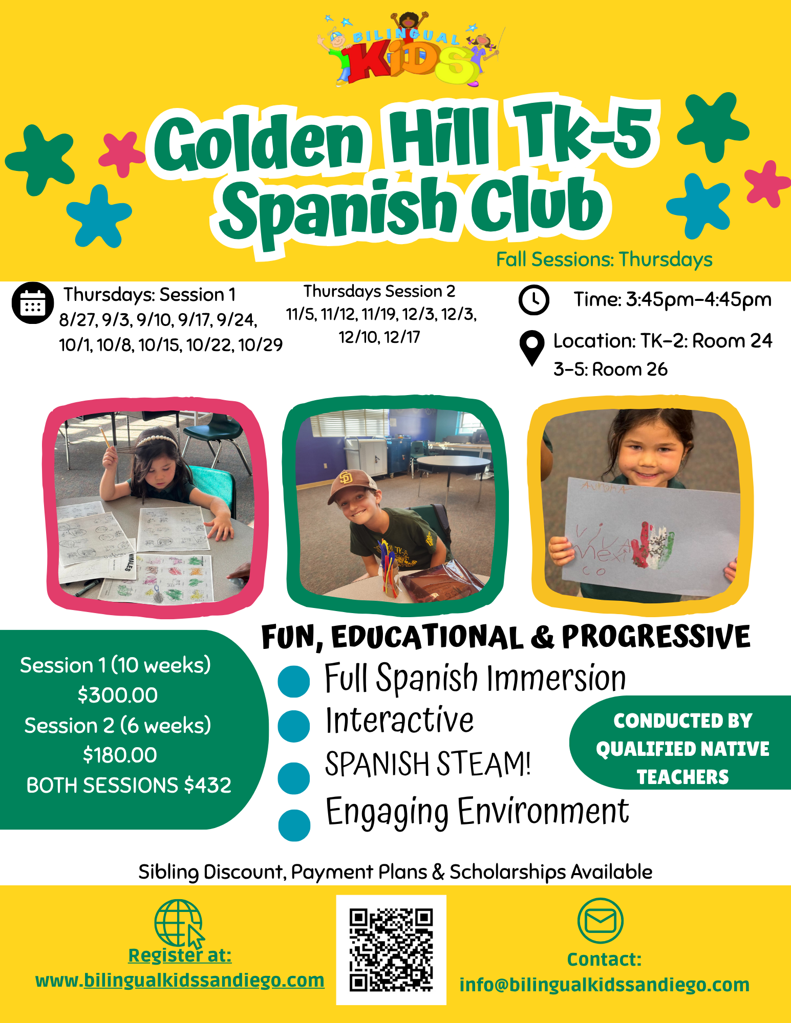 Bilingual Kids Thursday Spanish Club flyer for Golden Hill TK–5: Thursdays 3:45–4:45 PM, Session 1 $300, Session 2 $180, both sessions $432.