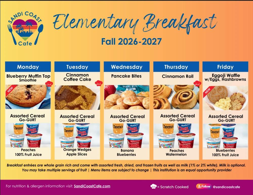 Fall 2026-2027 elementary breakfast menu showing daily entrees, assorted cereal, and fruit for Monday through Friday