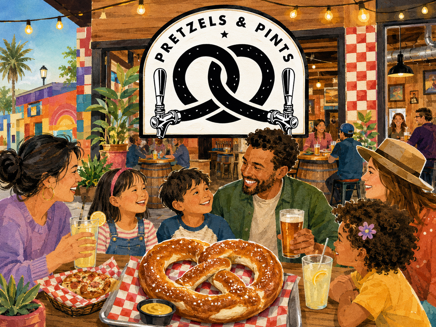 Families laughing together at an outdoor table at Pretzels & Pints, sharing a giant salted pretzel with lemonade and the restaurant's pretzel sign overhead