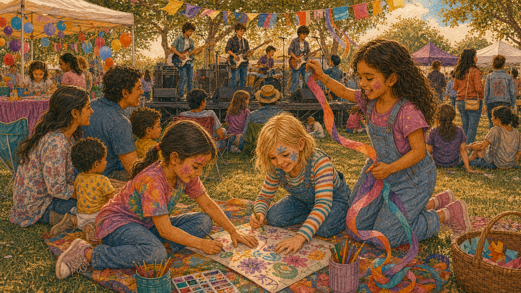 Children drawing on a large paper and waving ribbons on the grass while a student band performs on an outdoor stage at a spring festival