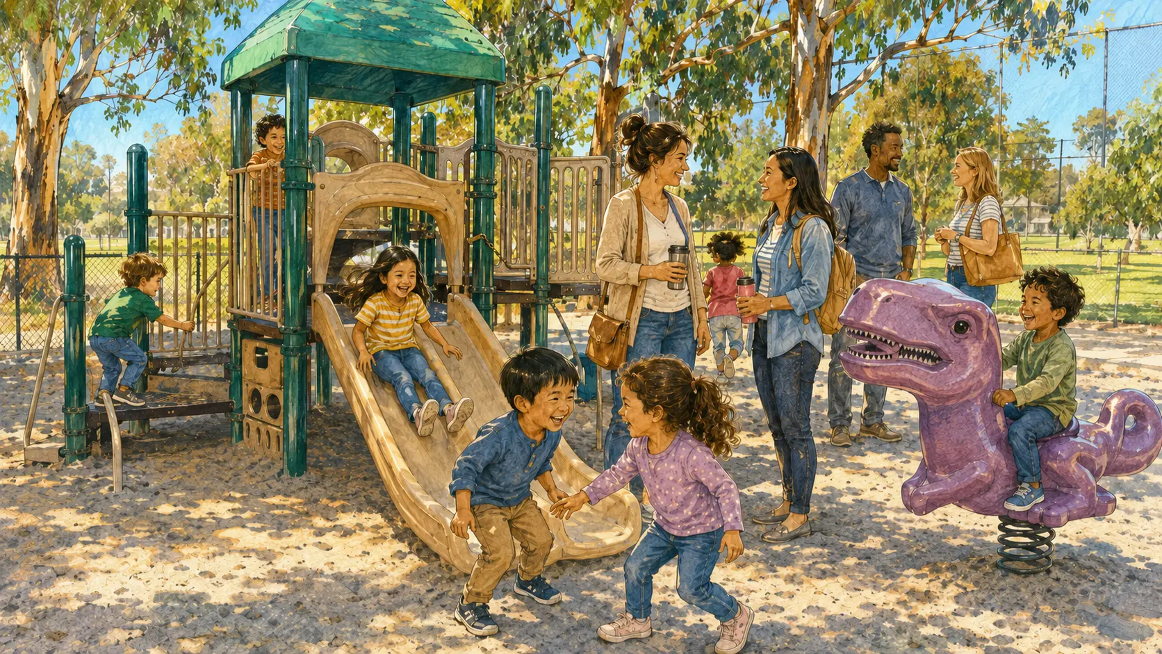 Children playing on a park playground while parents chat nearby on a sunny morning