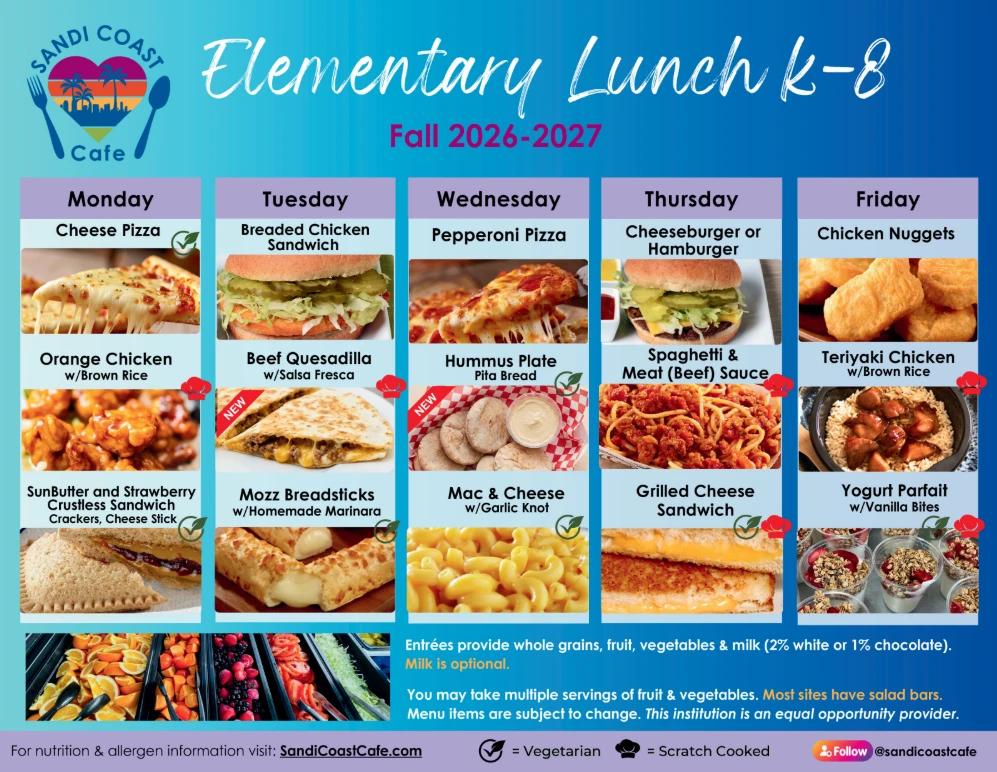 Fall 2026-2027 elementary lunch menu showing three daily entree choices for Monday through Friday