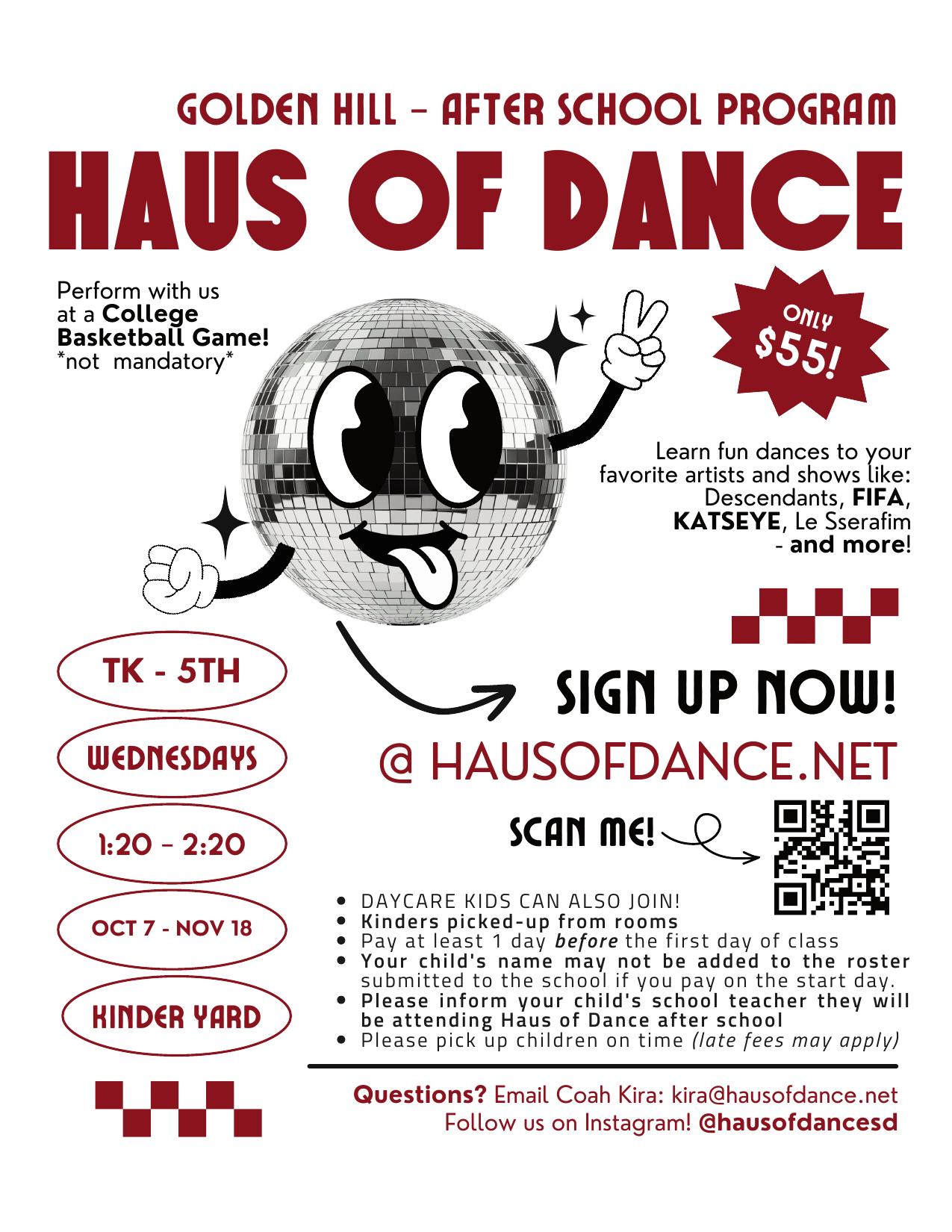 Haus of Dance fall 2026 flyer for Golden Hill: TK–5, Wednesdays 1:20–2:20 PM, Oct 7–Nov 18, Kinder Yard, $55, sign up at hausofdance.net.
