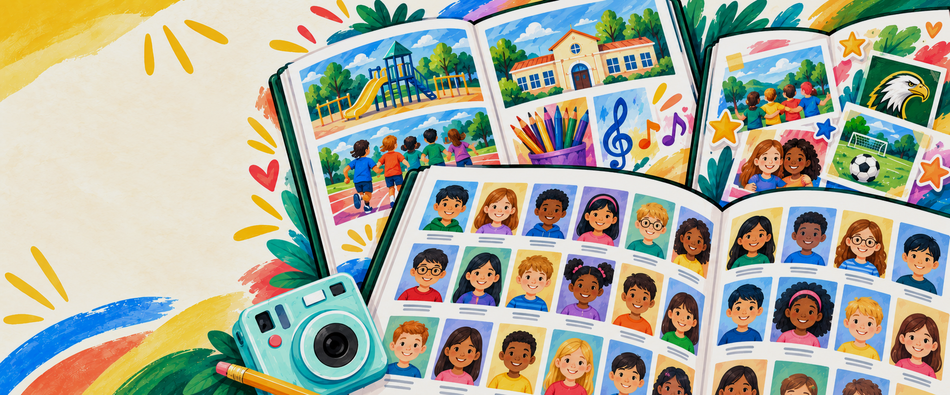 Illustrated Golden Hill yearbooks filled with student portraits, playground memories, school activities, and a turquoise camera