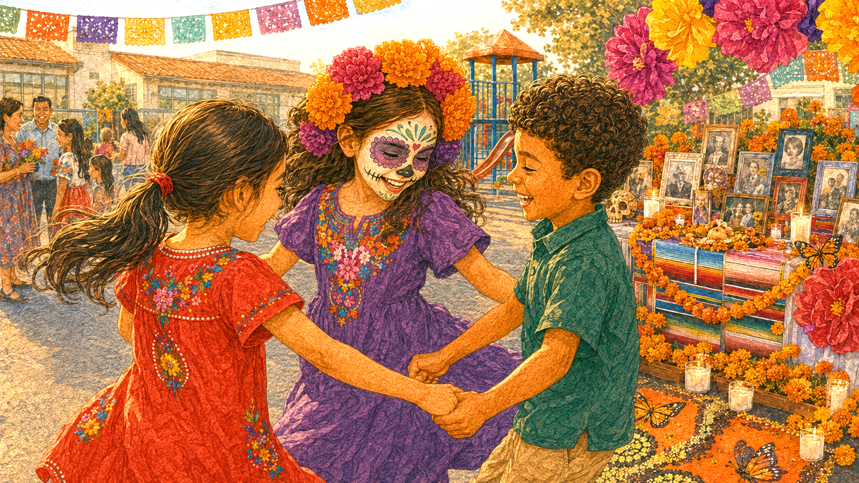 Three children holding hands and dancing beside a marigold-covered community ofrenda decorated with photos, candles, and papel picado