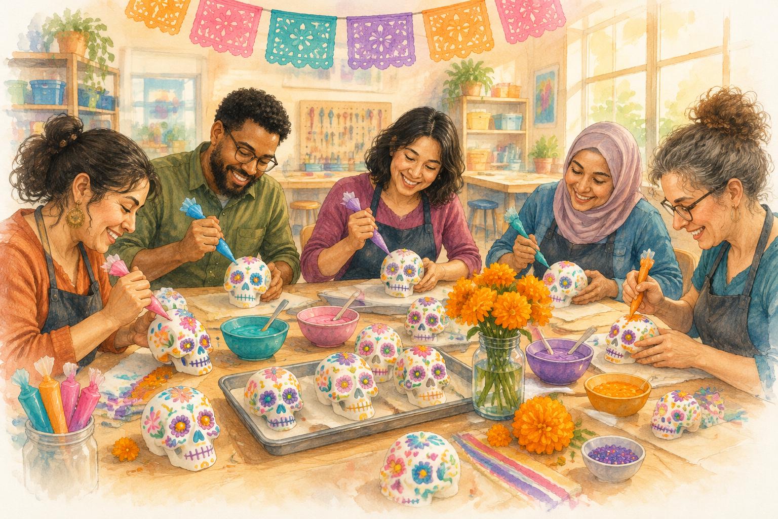 Parents and caregivers decorating colorful sugar skulls together around a table in a sunlit school makerspace