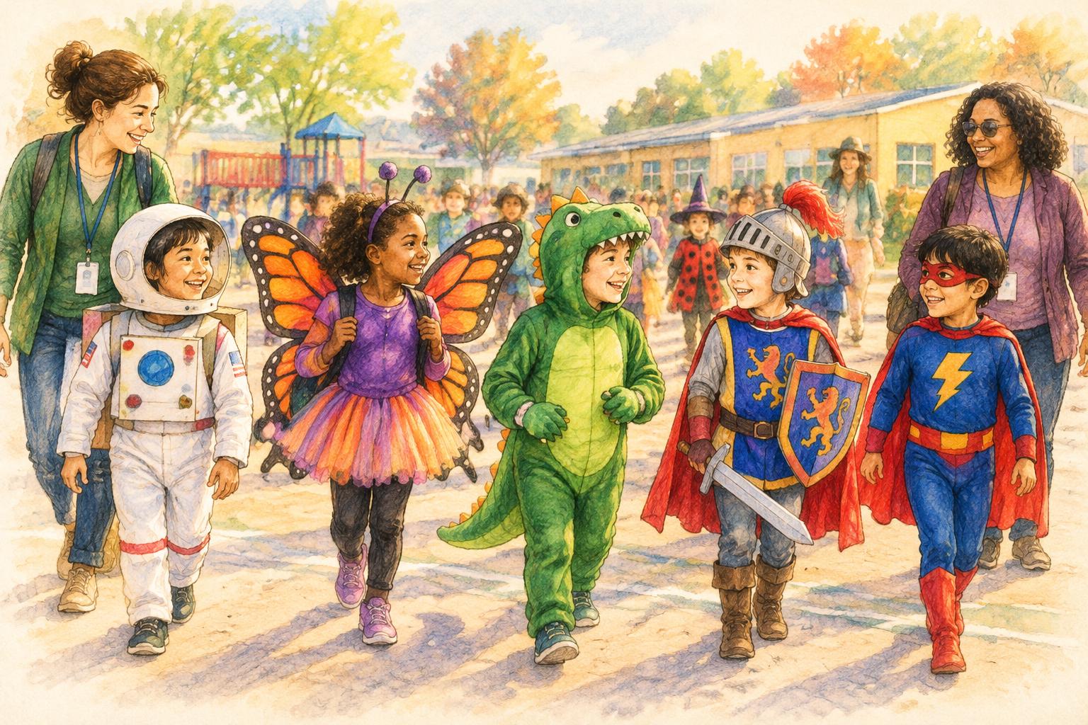 Children in astronaut, butterfly, dinosaur, knight, and superhero costumes walking in a cheerful school parade with teachers